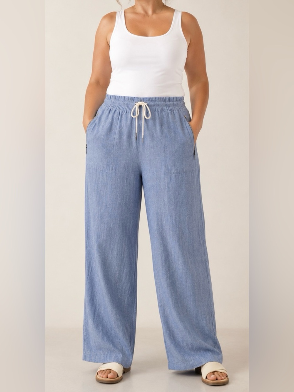 Athleta Cabo Linen Wide Leg Pull On Drawstring Chambray Blue Pants  Size 20